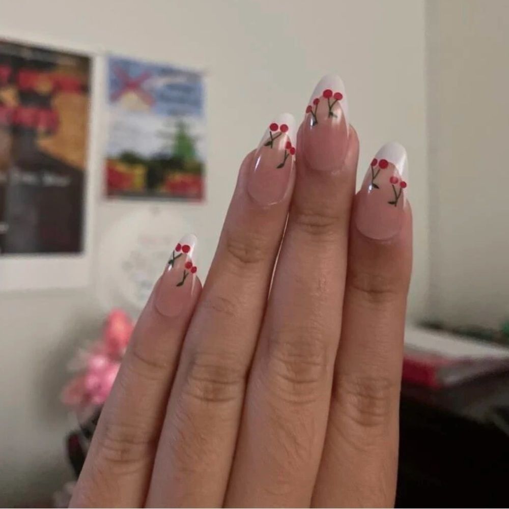 Whimsy Kawaii Cottagecore 24 Piece Cherry French Tip Almond Shape Nails - Picture 11 of 11